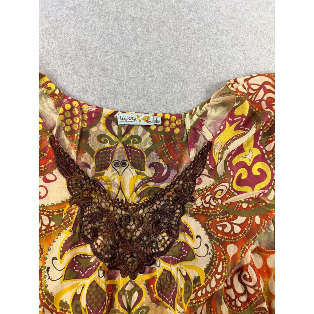 Unity World Wear Large Boho Paisley Sheer Blouse Beaded Lace Trim - Picture 8 of 8
